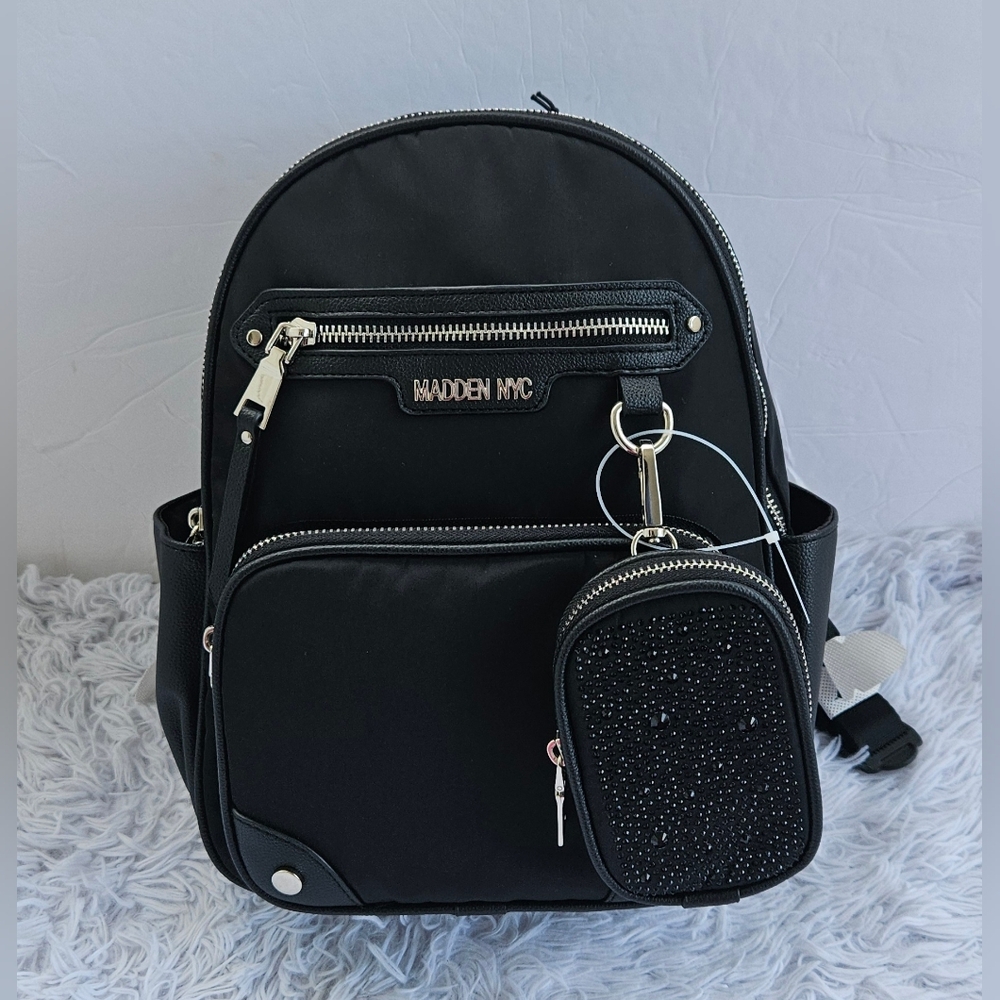 Madden NYC Black Backpack Nylon Dome Pocket Bag w/ Pouch NWT